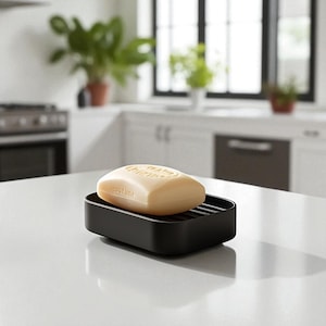 May include: A light beige bar of soap rests on a black soap dish with a slotted design. The soap dish is rectangular and sits on a white countertop. The background shows a kitchen with white cabinets and a window.