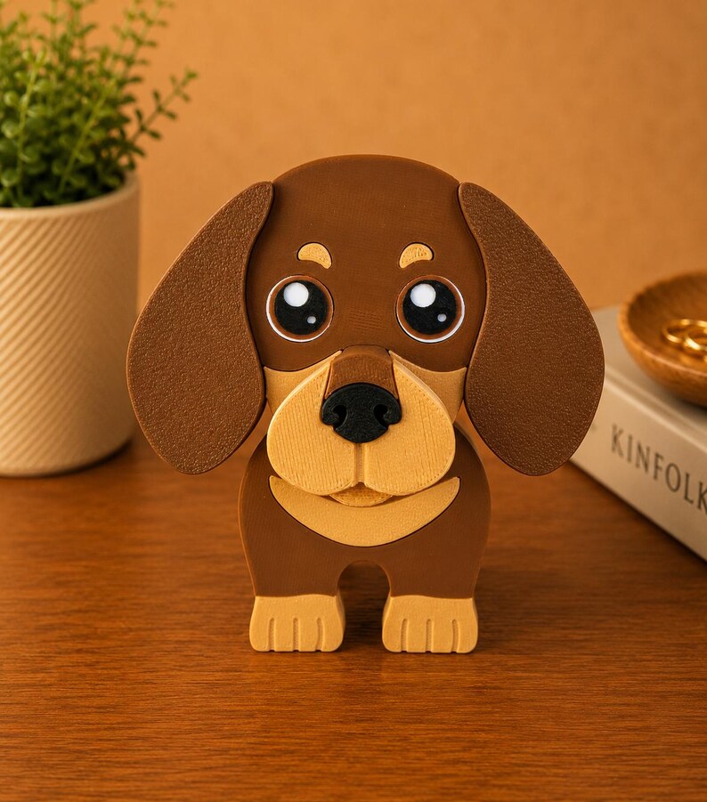 K&ouml;nnte beinhalten: Eine braune und beige Dackel-Hundefigur mit gro&szlig;en, ausdrucksstarken Augen und Schlappohren. Der Hund hat eine schwarze Nase und steht aufrecht. Die Figur steht auf einer Holzoberfl&auml;che, mit einer Pflanze und einem Buch im Hintergrund.