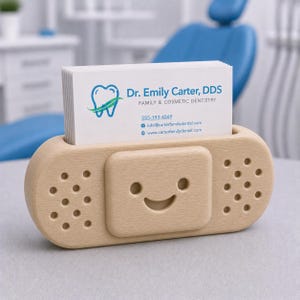 Op de afbeelding: Een lichtgekleurde houten visitekaarthouder in de vorm van een pleister, met een lachend gezichtje aan de voorkant. De houder bevat een stapel witte visitekaartjes met de tekst "Dr. Emily Carter, DDS, Family & Cosmetic Dentistry."