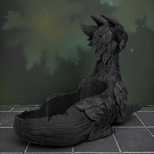 May include: A black dragon-shaped planter with a textured surface. The planter features a detailed design with leaf-like accents and a large opening for plants. The dragon's head is upright, and the overall design is dark and mysterious.