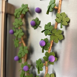 May include: Decorative grape vine magnets with green leaves and purple grapes. The magnets are attached to a stainless steel refrigerator door. The vine has a brown stem and is arranged in a decorative pattern.