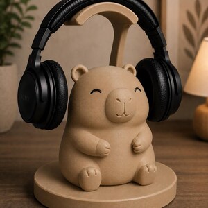 May include: A tan-coloured headphone stand in the shape of a smiling bear, supporting black headphones. The stand has a circular base and a curved support for the headphones. The headphones are black with the brand name "SONY" visible on the earcups.