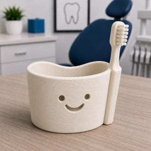 May include: A beige toothbrush holder with a smiling face design. The holder has a curved top and a toothbrush attached to the side. The background includes a dental chair and a framed tooth illustration.