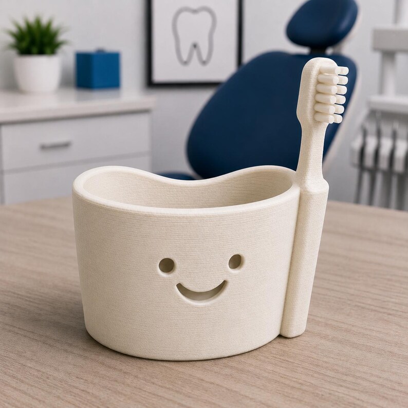 May include: A beige toothbrush holder with a smiling face design. The holder has a curved top and a toothbrush attached to the side. The background includes a dental chair and a framed tooth illustration.