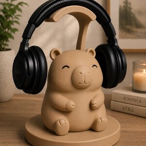 May include: A beige headphone stand in the shape of a smiling bear, supporting a pair of black Sony headphones. The stand has a circular base and a curved support. The headphones are black with a padded headband.