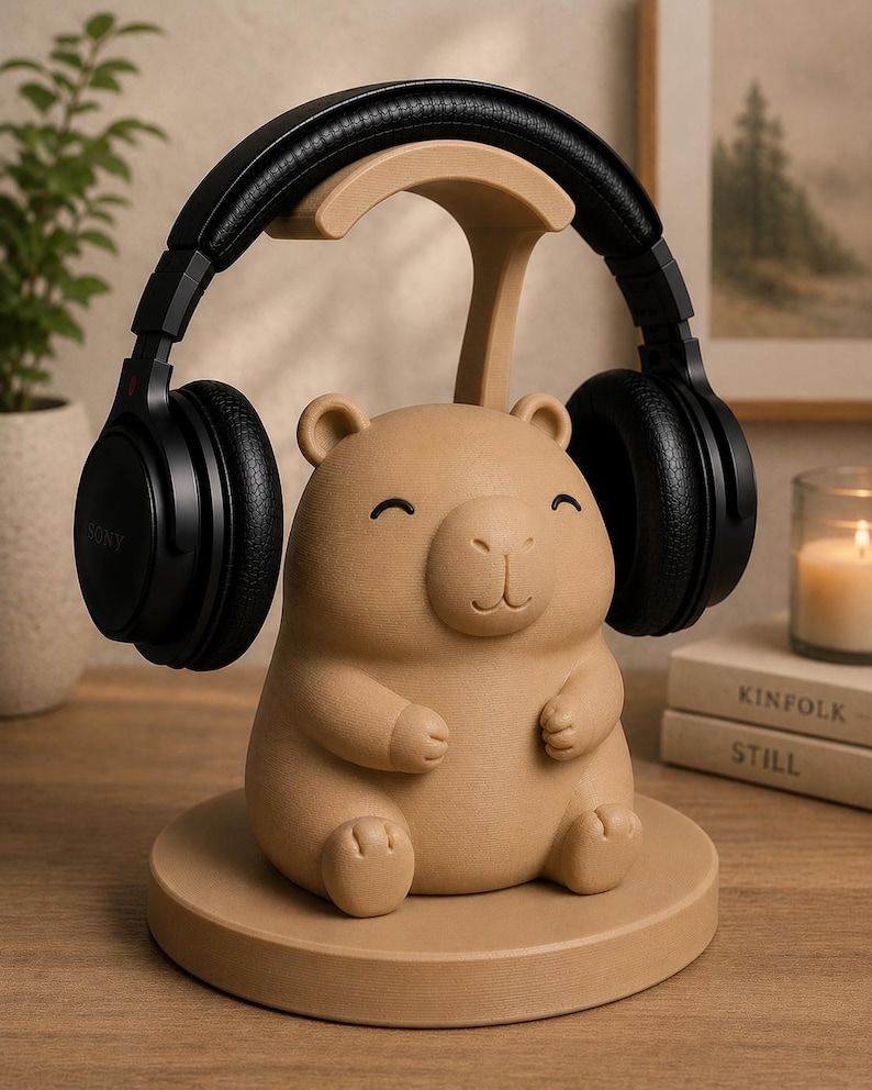 May include: A beige headphone stand in the shape of a smiling bear, supporting a pair of black Sony headphones. The stand has a circular base and a curved support. The headphones are black with a padded headband.