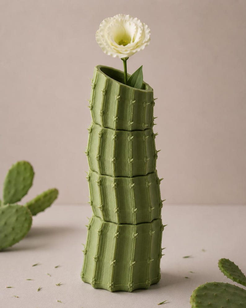 May include: A green cactus-shaped vase with a white flower and green leaves. The vase is made of stacked sections, with a textured surface and small, pointed details. The flower is in full bloom, with delicate petals.