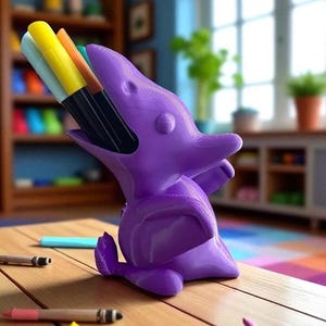 May include: A purple dolphin-shaped desk organizer holding colorful markers. The organizer is made of a solid material and sits on a wooden table with scattered pencils and crayons. The background includes a bookshelf and a window.