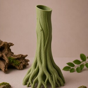 May include: A green vase shaped like a tree trunk with exposed roots. The vase has a textured surface, mimicking bark, and a slanted opening. The roots spread out at the base. Decorative elements include a piece of driftwood, moss, and leaves.