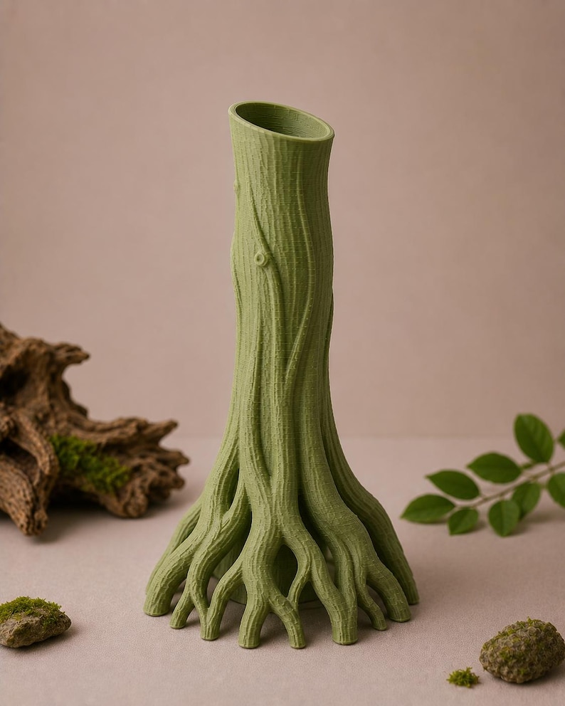 May include: A green vase shaped like a tree trunk with exposed roots. The vase has a textured surface, mimicking bark, and a slanted opening. The roots spread out at the base. Decorative elements include a piece of driftwood, moss, and leaves.