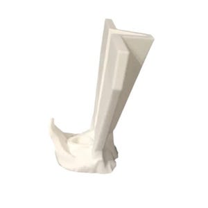 May include: A white, abstract sculpture with a folded, layered design. The sculpture has a curved base and a series of upright, angled panels. The overall form is smooth and modern, with a minimalist aesthetic.