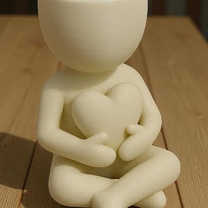 May include: A cream-colored figurine of a person holding a heart, with a planter-like head. The figure is seated with legs crossed. The heart is held in the figure's lap. The figurine is made of a smooth material and sits on a wooden surface.
