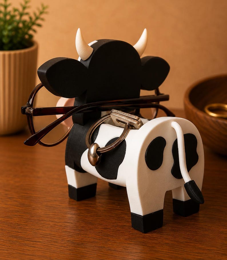 May include: A whimsical cow-shaped eyeglasses and key holder. The black and white painted wooden figurine has a tail, horns, and holds eyeglasses and keys. The cow is on a wooden surface.