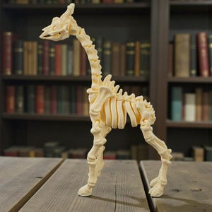 Op de afbeelding: Een cr&egrave;mekleurig girafskeletmodel staat op een houten oppervlak. Het girafskelet is gedetailleerd, met zichtbare wervels, ribben en beenderen. De achtergrond toont een boekenkast vol boeken.