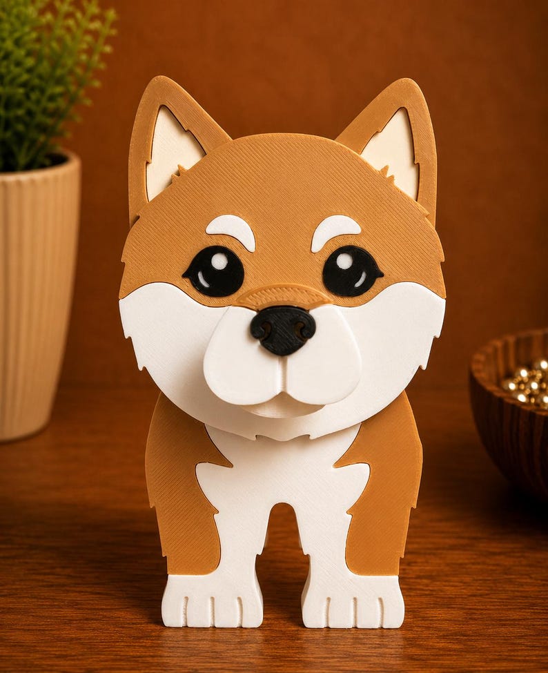 May include: A 3D-printed Shiba Inu dog figurine. The dog has a brown and white coat, with large black eyes and a black nose. The figurine is standing upright on a wooden surface. The ears are pointed and the tail is not visible.