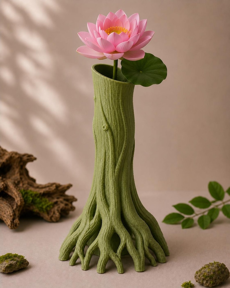 May include: A green vase shaped like a tree trunk, with roots at the base and a flared opening. A pink lotus flower with a yellow center and a green leaf are in the vase. The vase has a textured surface, and the background is a neutral color.