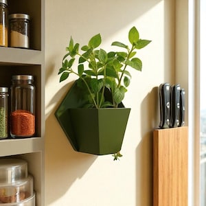 May include: A wall-mounted, olive green planter with a geometric design, holding a vibrant green herb plant. The planter is mounted on a neutral-colored wall, with a glimpse of spice jars on a shelf to the left and a knife block to the right.
