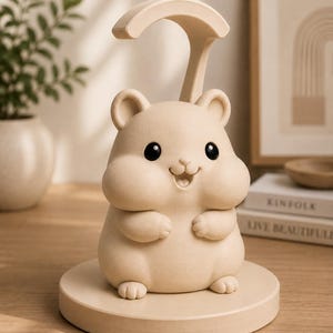 May include: A beige hamster-shaped phone stand with a curved top for holding a phone. The stand has a round base and the hamster has black eyes and a smiling expression. The stand is on a wooden surface.