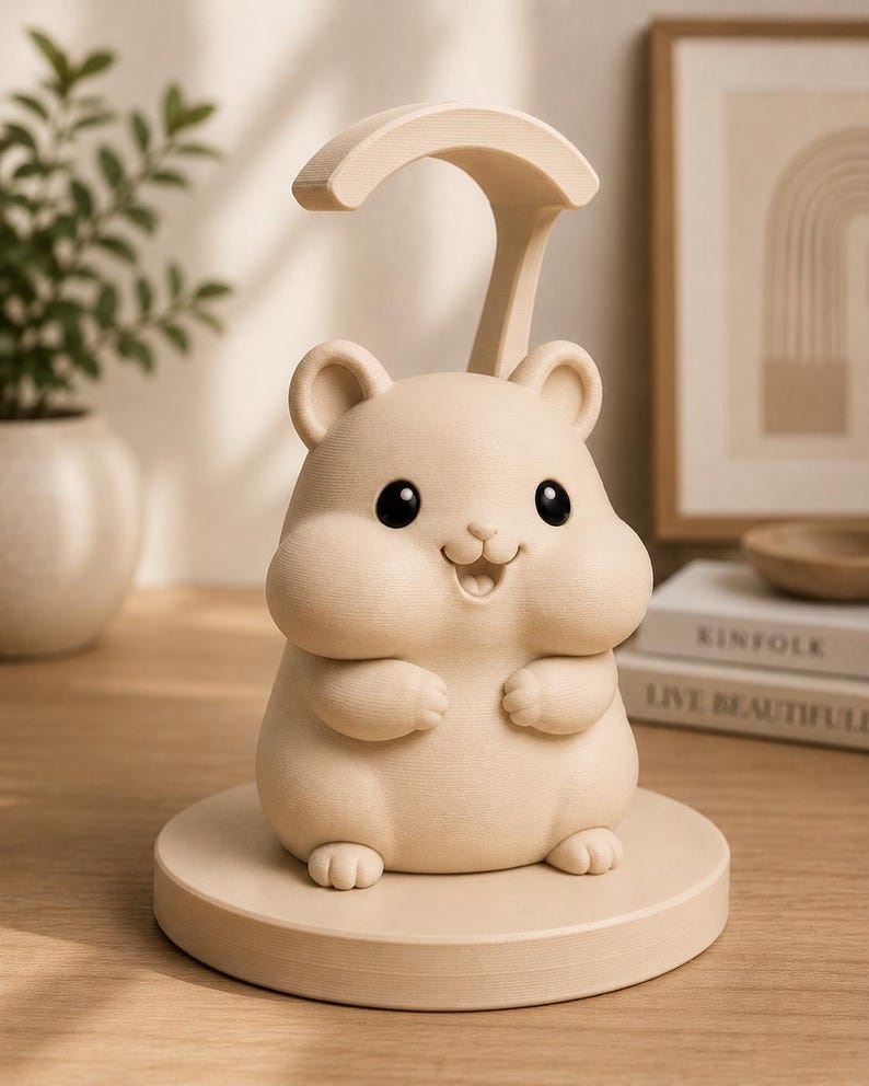 May include: A beige hamster-shaped phone stand with a curved top for holding a phone. The stand has a round base and the hamster has black eyes and a smiling expression. The stand is on a wooden surface.