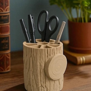 May include: A beige pen holder shaped like a tree trunk, holding black pens, a silver pen, and black scissors. The pen holder has a textured surface and a decorative wood slice on the side. A desk organizer for office supplies.
