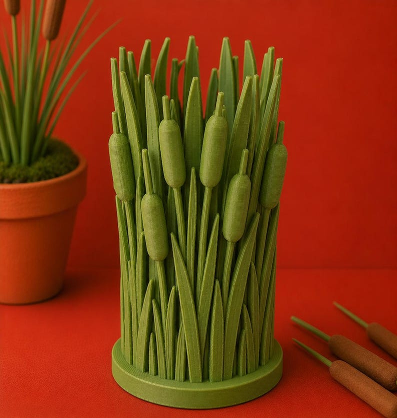 May include: A green decorative vase shaped like cattails and reeds. The vase features a cylindrical design with detailed leaves and cattail heads. The vase is set against a red background, with a potted plant and additional cattails visible.