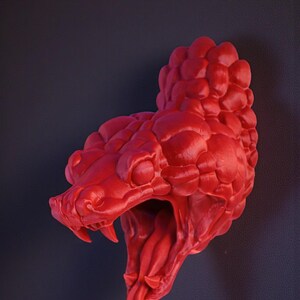 May include: A vibrant red sculpture of a snake's head, with its mouth open, revealing fangs and a forked tongue. The detailed design showcases textured scales and a menacing expression. The sculpture is set against a dark background.