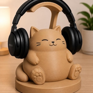May include: A tan cat-shaped headphone stand with a smiling face and paw details. Black headphones rest on the stand. The stand is on a round base, and the headphones are labeled "SONY".