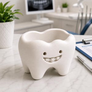 May include: A white, tooth-shaped container with a smiling face and braces. The container has a hollowed-out top and is set on a marble surface. The background suggests a dental office setting.