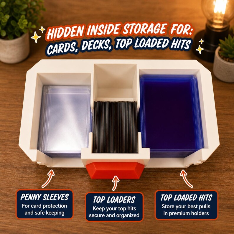 May include: White plastic card storage container with three compartments. The text "HIDDEN INSIDE STORAGE FOR: CARDS, DECKS, TOP LOADED HITS" is at the top. The bottom text reads "PENNY SLEEVES", "TOP LOADERS", and "TOP LOADED HITS".
