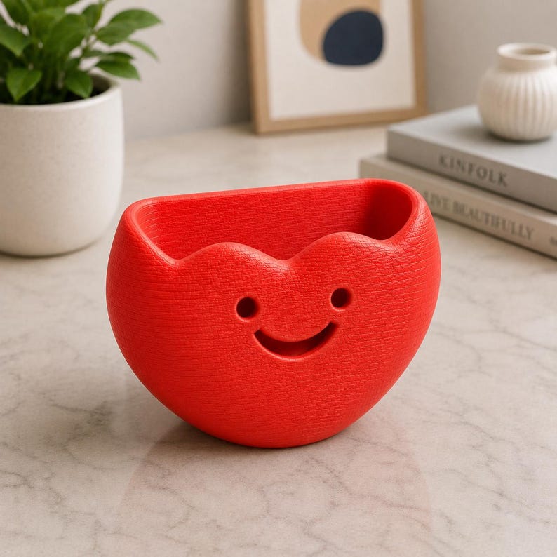 May include: A vibrant red, heart-shaped planter with a smiling face design. The planter has a textured surface. A small green plant in a white pot is in the background. The planter is on a light-coloured surface.