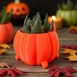 May include: An orange pumpkin-shaped planter with a green succulent plant inside. The planter has three small feet and vertical ridges. Other pumpkin planters and fall leaves are in the background, creating a festive autumn scene.