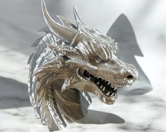 Detailed Dragon Head Bust: Fantasy Sculpture, Mythical Decor