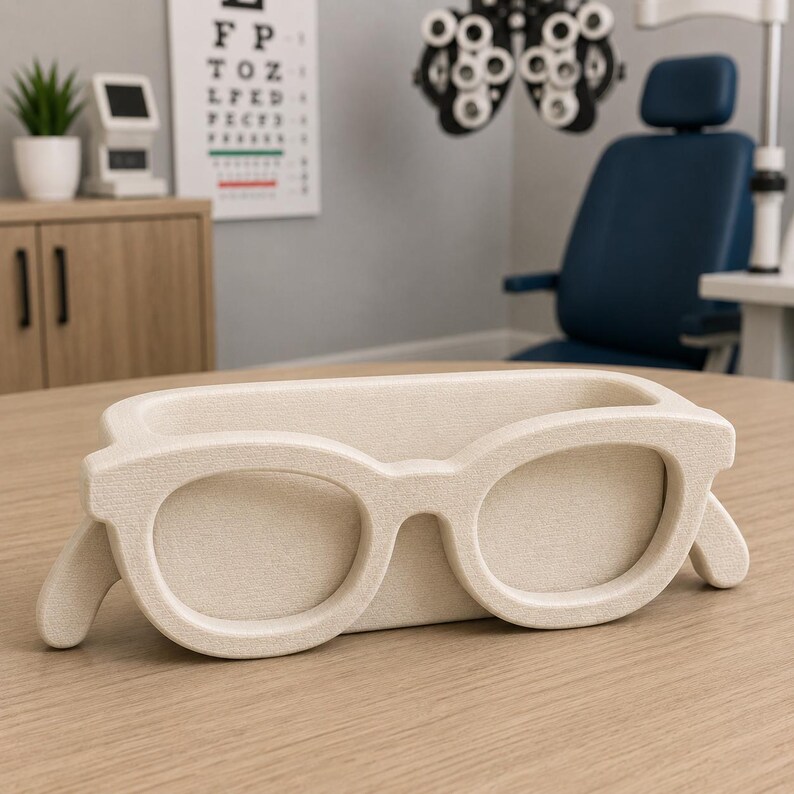 Op de afbeelding: Een beige bureau-organizer in de vorm van een bril. De organizer heeft een rechthoekige basis met de omtrek van een bril. De achtergrond omvat een oogtestkaart, een oogonderzoeksapparaat en een blauwe stoel.