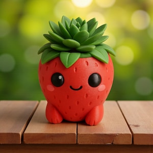 May include: A whimsical red strawberry-shaped planter with a smiling face and small feet. The planter is topped with a green succulent plant. The planter is sitting on a wooden surface with a blurred green background.