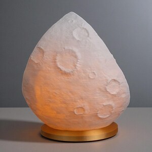 May include: A white, teardrop-shaped lamp with a textured surface and crater-like indentations. The lamp sits on a round, gold-colored base. The interior glows with a warm, inviting light, creating a soft ambiance. A decorative lighting fixture.