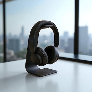 May include: Black over-ear headphones on a black stand. The headphones have large, padded earcups and a headband. The stand has a curved design with a flat base. A blurred cityscape is visible in the background.