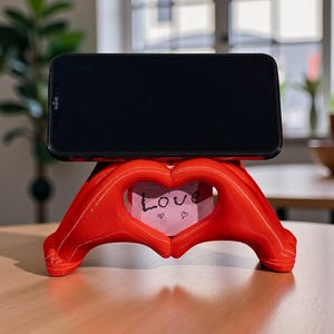 May include: A red phone stand shaped like hands forming a heart, holding a black smartphone. A pink note inside the heart reads "Love" with heart doodles. The stand is on a light brown surface.