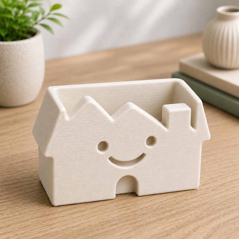 May include: A cream-colored, house-shaped desk organizer with a smiling face design. The organizer has a rectangular opening and a chimney. The house is made of a textured material and sits on a wooden surface.