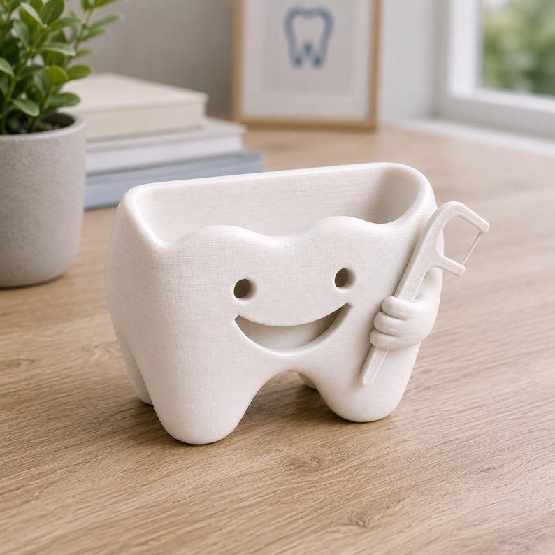 May include: A white, tooth-shaped container with a smiling face and arms holding a dental floss pick. The container has a rectangular opening at the top. The background includes a small potted plant, books, and a framed tooth illustration.