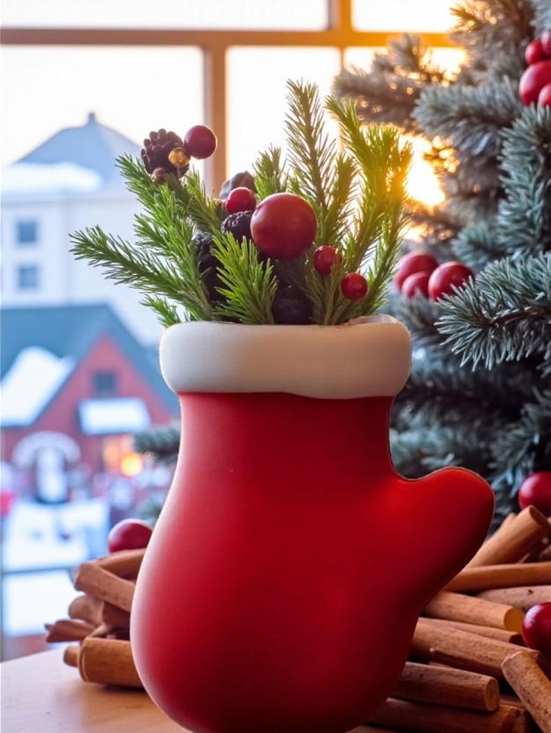 May include: A red mitten-shaped vase with a white rim, filled with green sprigs, red berries, and pinecones. The vase sits in front of a Christmas tree and a window with a blurred outdoor scene. Cinnamon sticks are in the foreground.