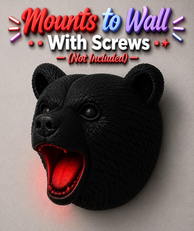 May include: Black bear head wall mount with an open mouth and red interior. The text "Mounts to Wall With Screws (Not Included)" is displayed above the bear's head. The bear head is a decorative item.
