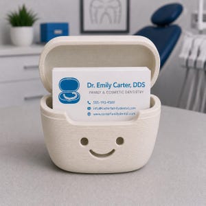 May include: A light beige business card holder with a smiling face design. The open holder reveals business cards with the text "Dr. Emily Carter, DDS, Family & Cosmetic Dentistry". The holder is on a gray surface.