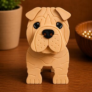 May include: A tan-colored, three-dimensional Shar Pei dog figurine. The dog has a detailed, wrinkled face with black eyes and a black nose. The figurine is standing on four legs and is made of a smooth material.