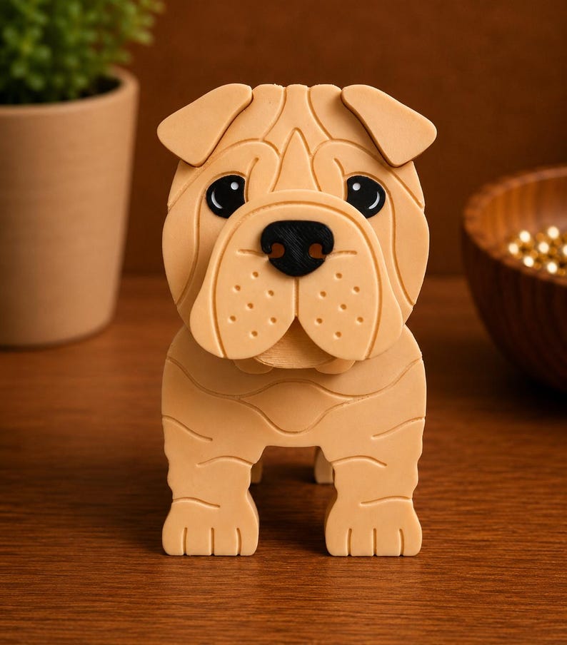 May include: A tan-colored, three-dimensional Shar Pei dog figurine. The dog has a detailed, wrinkled face with black eyes and a black nose. The figurine is standing on four legs and is made of a smooth material.
