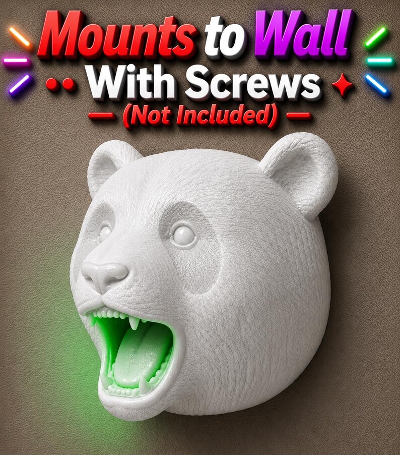 May include: A white panda bear head sculpture with an open mouth and green glowing interior. The text "Mounts to Wall With Screws (Not Included)" is above the sculpture. The sculpture is mounted on a brown surface.