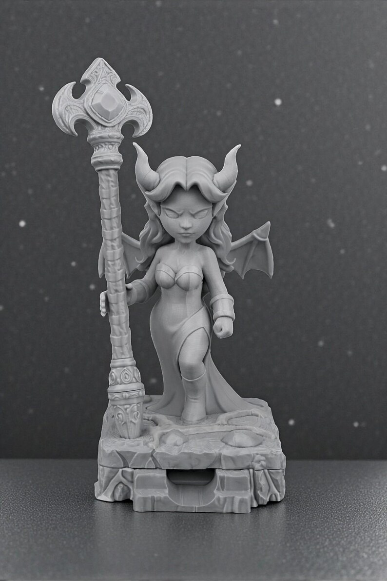 May include: A gray figurine of a female demon with horns, wings, and a staff. The figure is standing on a stone base. The staff has a decorative top with a gem. The demon is wearing a dress and boots.