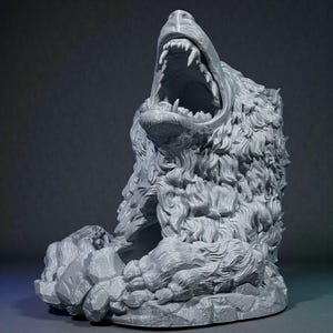 May include: A gray, 3D-printed sculpture of a bear with its mouth wide open, revealing sharp teeth. The bear is depicted in a roaring pose, with detailed fur and a rocky base. The sculpture is approximately 10 inches tall.