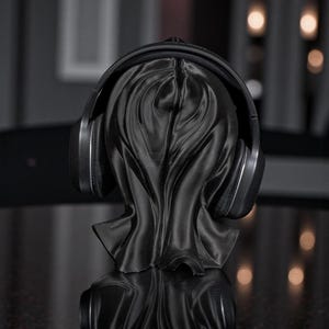May include: A black headphone stand shaped like a draped figure, holding a pair of black and silver headphones. The stand has a textured surface and is reflected on a dark, glossy surface. The background is blurred with soft lighting.