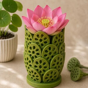 May include: A green vase with a lotus root design holds a vibrant pink lotus flower with a yellow center. Two green lotus seed pods are next to the vase. A small potted plant is in the background.