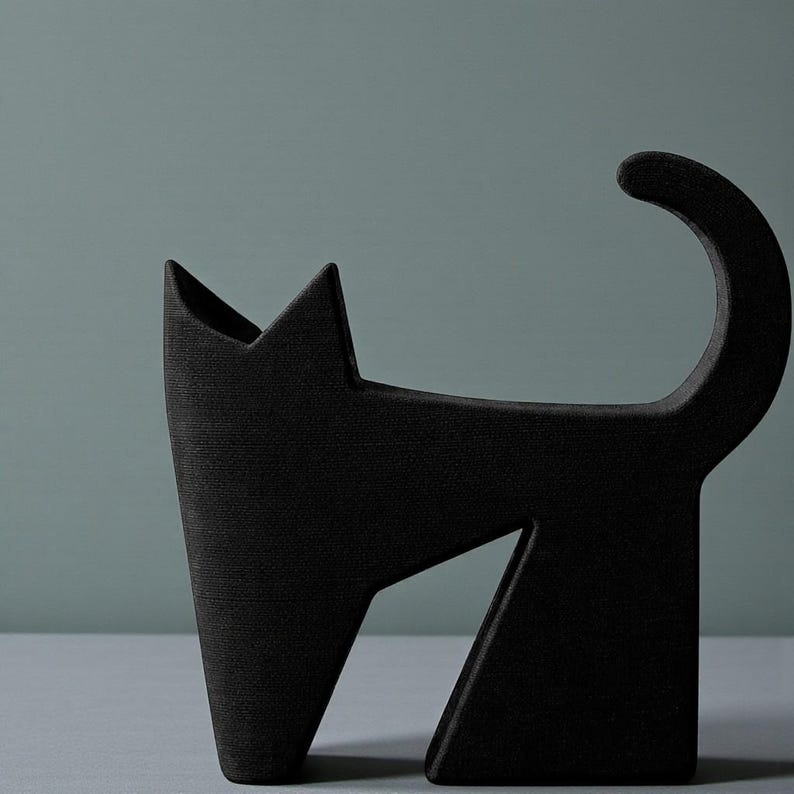 May include: A black cat sculpture with a minimalist design. The sculpture has a textured surface and a curved tail. The cat is standing with its head up and ears pointed. The sculpture is made of a solid material.